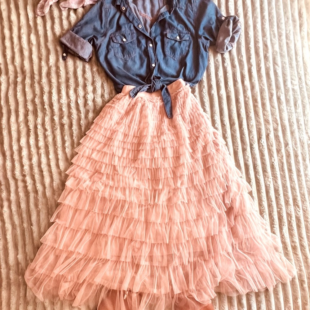 Elegant Pink Beige Layered Skirt SZ M - Picture 6 of 9